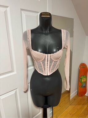 Sheer Lace Long-Sleeve Bustier in Blush Pink